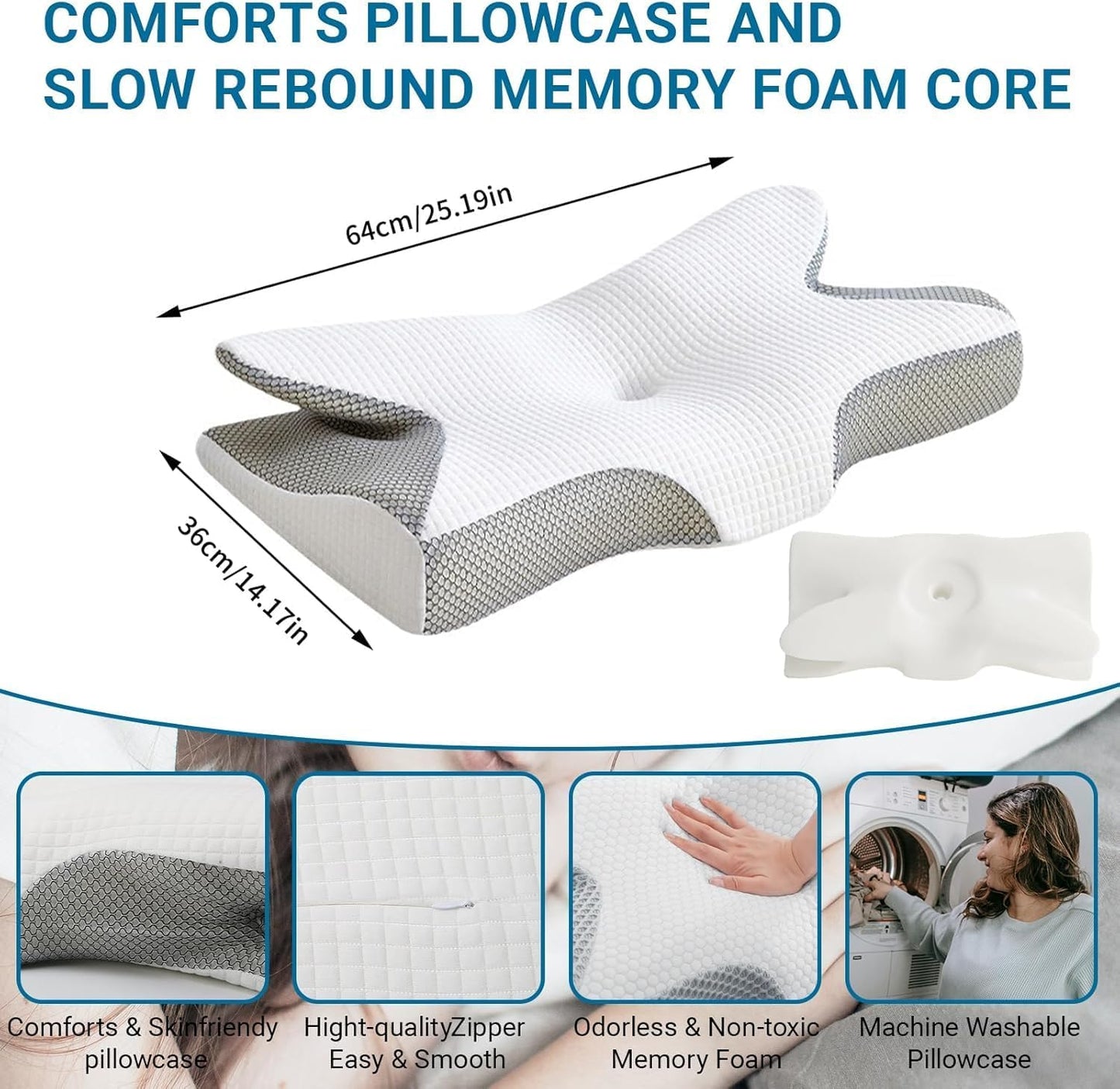 SKY-TOUCH Memory Foam Pillow, Cervical Pillow for Neck and Shoulder, Orthopedic Pillow, Ergonomic Neck Support Pillow for Side/Supine/Prone Sleepers - Removable Pillowcase and Zippered