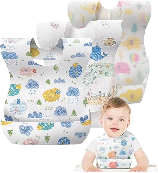 SKY-TOUCH Disposable Baby Bibs 60/120pcs, Portable Waterproof Bib with Crumb Catcher for Girls and Boys, Individually Packaged Suitable for traveling and outing, Baby Bibs Travel Essential