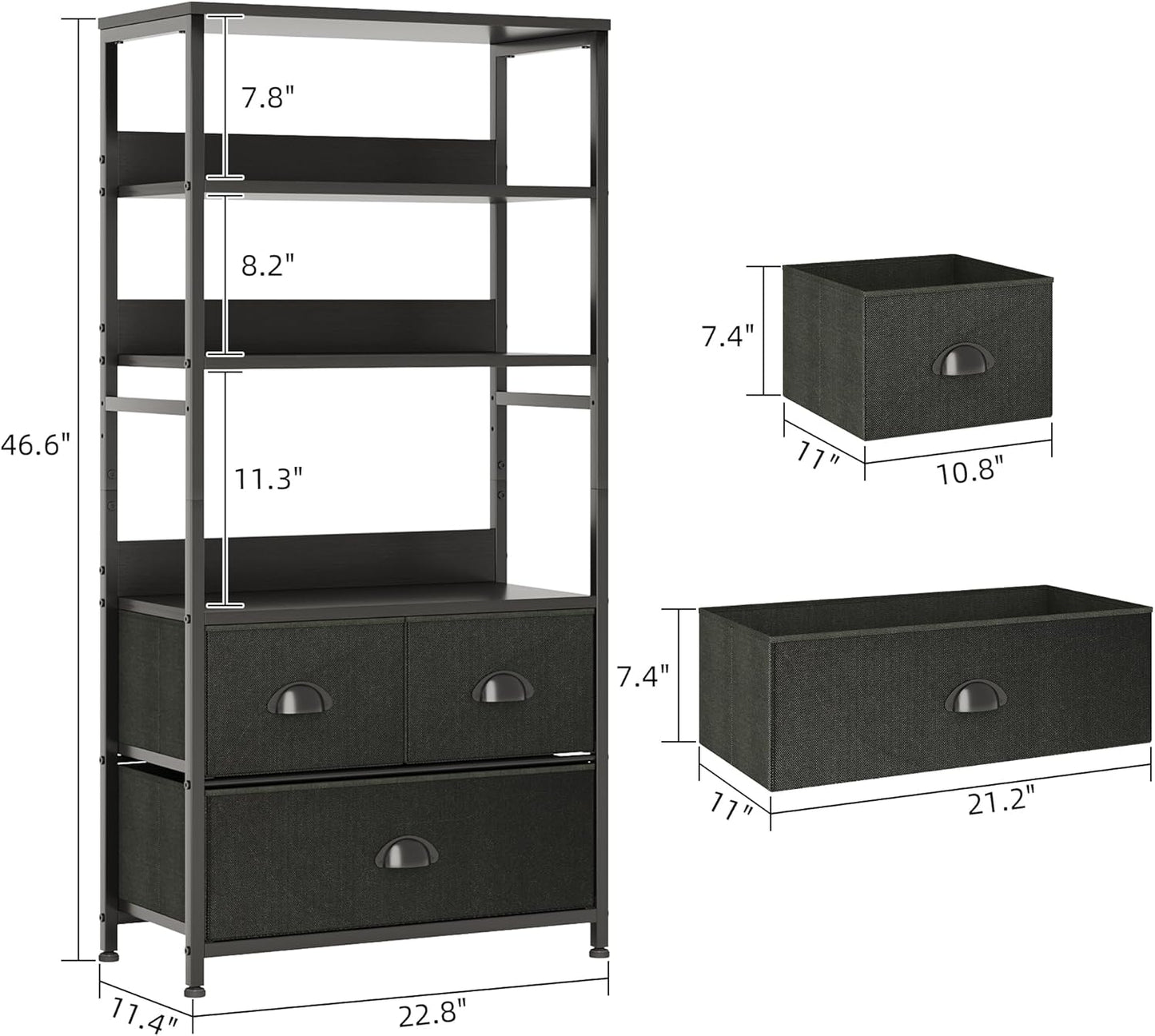 SKY-TOUCH 4-Tier Storage Drawer Shelf with 3 Fabric Drawers – Black Metal Frame with Wood Top,– Ideal for Books, Photos, and Decorations in Living Room, Office, Bedroom, and Kitchen,Black 120x58x29cm