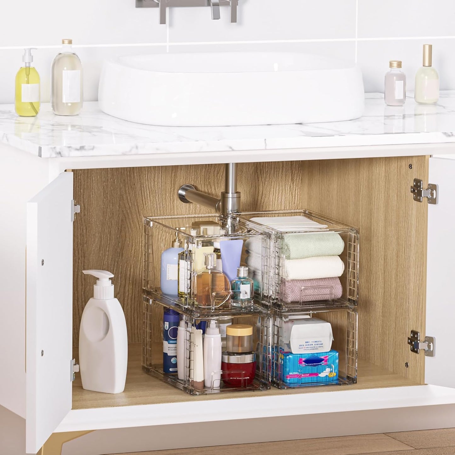 SKY-TOUCH 4 PACK Large Plastic Stackable Storage Drawers, Clear Acrylic Storage Drawers Container Boxes for Vanity, Undersink, Kitchen Cabinets, Pantry Organization and Storage, 30.5x19x18cm