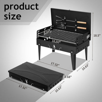 SKY-TOUCH Portable Charcoal Grill, Outdoor Foldable BBQ Grill with Barbecue Accessories & Lid for Cooking Camping Picnic Hiking Beach Party Patio Smokers, Black, 43x26x46cm