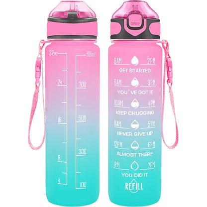 SKY-TOUCH 1L Sports Water Bottle : Motivational Water Bottle with Time Marker and Straw Leakproof Water Bottles for Fitness Gym and Outdoor Sports Blue&Pink