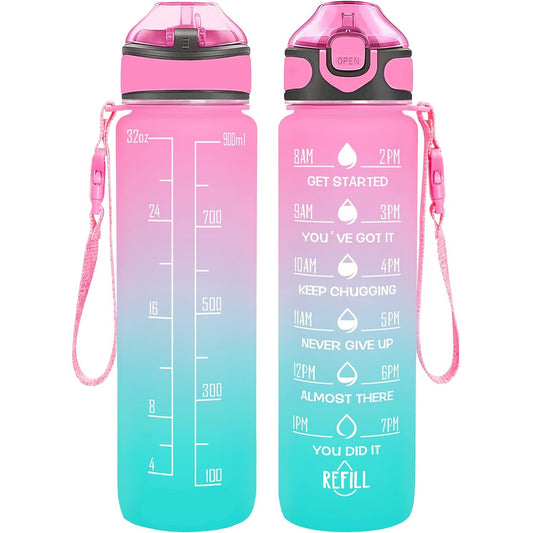 SKY-TOUCH 1L Sports Water Bottle : Motivational Water Bottle with Time Marker and Straw Leakproof Water Bottles for Fitness Gym and Outdoor Sports Blue&Pink