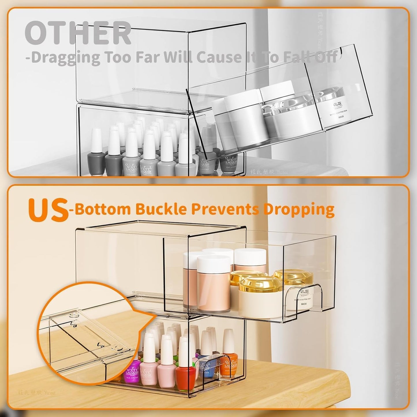 SKY-TOUCH 4 PACK Clear Stackable Storage Drawers, 4.4'' Tall Acrylic Stackable Drawer, Bathroom Makeup Organizer,Plastic Storage Bins For Vanity, Undersink, Kitchen Cabinets, Pantry, 7.4x4.4x6.1inch