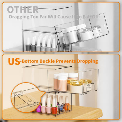 SKY-TOUCH 4 PACK Clear Stackable Storage Drawers, 4.4'' Tall Acrylic Stackable Drawer, Bathroom Makeup Organizer,Plastic Storage Bins For Vanity, Undersink, Kitchen Cabinets, Pantry, 7.4x4.4x6.1inch