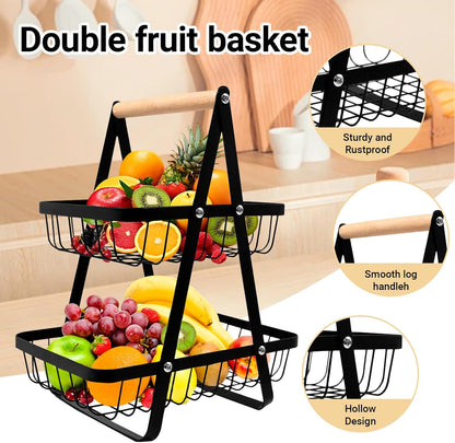 SKY-TOUCH 2-Tier Fruit Basket with Wooden Handle, Detachable Metal Fruit Bowl Holder Vegetable Storage Rack, Countertop Holder for Kitchen, Home, Office - Organize Fruits, Veggies, Snacks, Bread