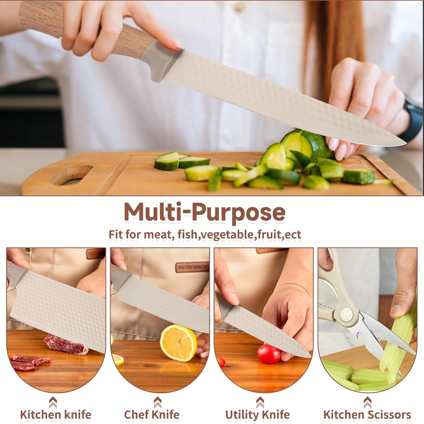 SKY-TOUCH Kitchen Knife Set,6-Piece Khaki Kitchen Knife Set with Knife Block – Non-Stick Stainless Steel Sharp Blades, Anti-Rust & Ergonomic Design for Home, Restaurant,Outdoor