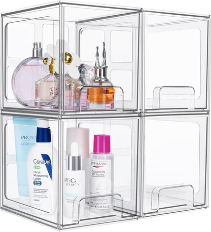 SKY-TOUCH 4 PACK Large Plastic Stackable Storage Drawers, Clear Acrylic Storage Drawers Container Boxes for Vanity, Undersink, Kitchen Cabinets, Pantry Organization and Storage, 38.5x31.3x17.3cm