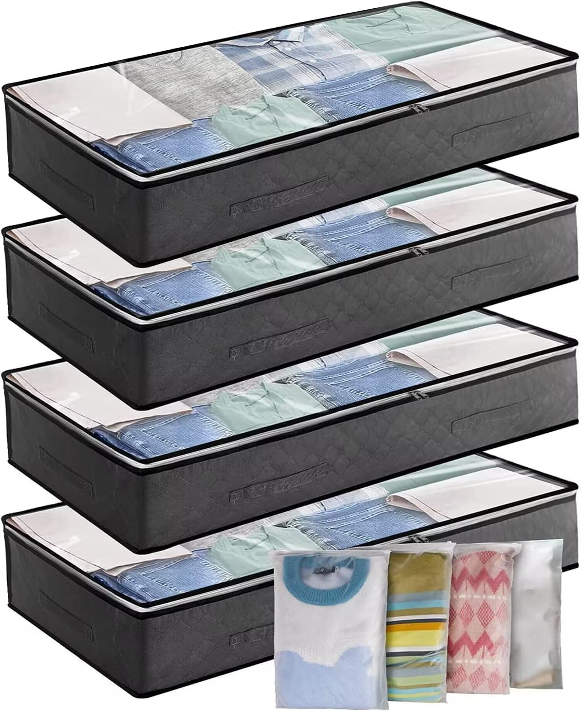 SKY-TOUCH 4PACK Underbed Storage Box, with Zip lock Bags - Under bed Storage Box with PVC Window for Clothes, Duvets, Comforters, Blankets, Bedding, Quilts - 100x50x18cm, Grey 90L