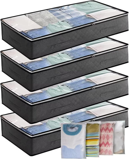 SKY-TOUCH 4PACK Underbed Storage Box, with Zip lock Bags - Under bed Storage Box with PVC Window for Clothes, Duvets, Comforters, Blankets, Bedding, Quilts - 100x50x18cm, Grey 90L