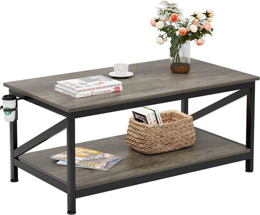 SKY-TOUCH Coffee Table with Storage Shelf,Modern Central Table with 2 Tier Shelves,Black Metal Table Legs, Wooden Tabletop and Metal Frame,Industrial Wooden Coffee Table,100 * 55cm