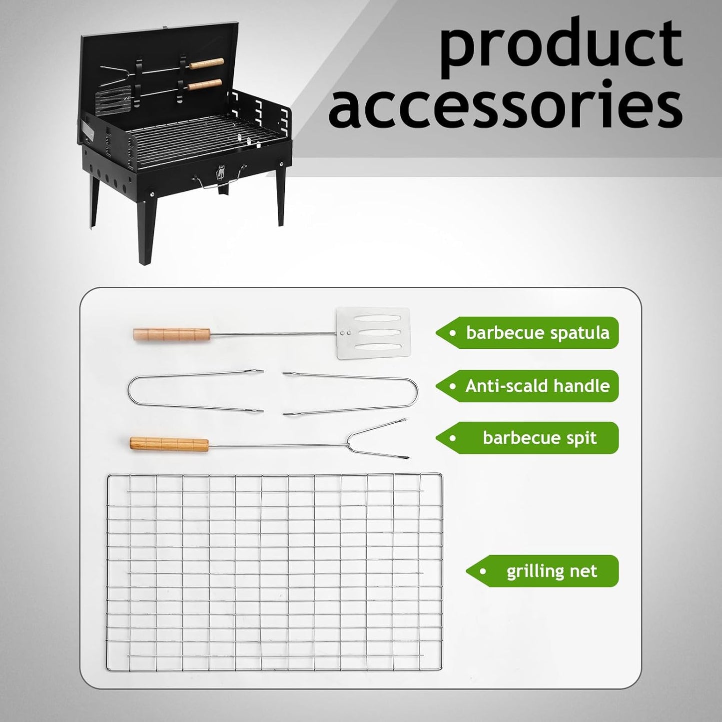 SKY-TOUCH Portable Charcoal Grill, Outdoor Foldable BBQ Grill with Barbecue Accessories & Lid for Cooking Camping Picnic Hiking Beach Party Patio Smokers, Black, 43x26x46cm