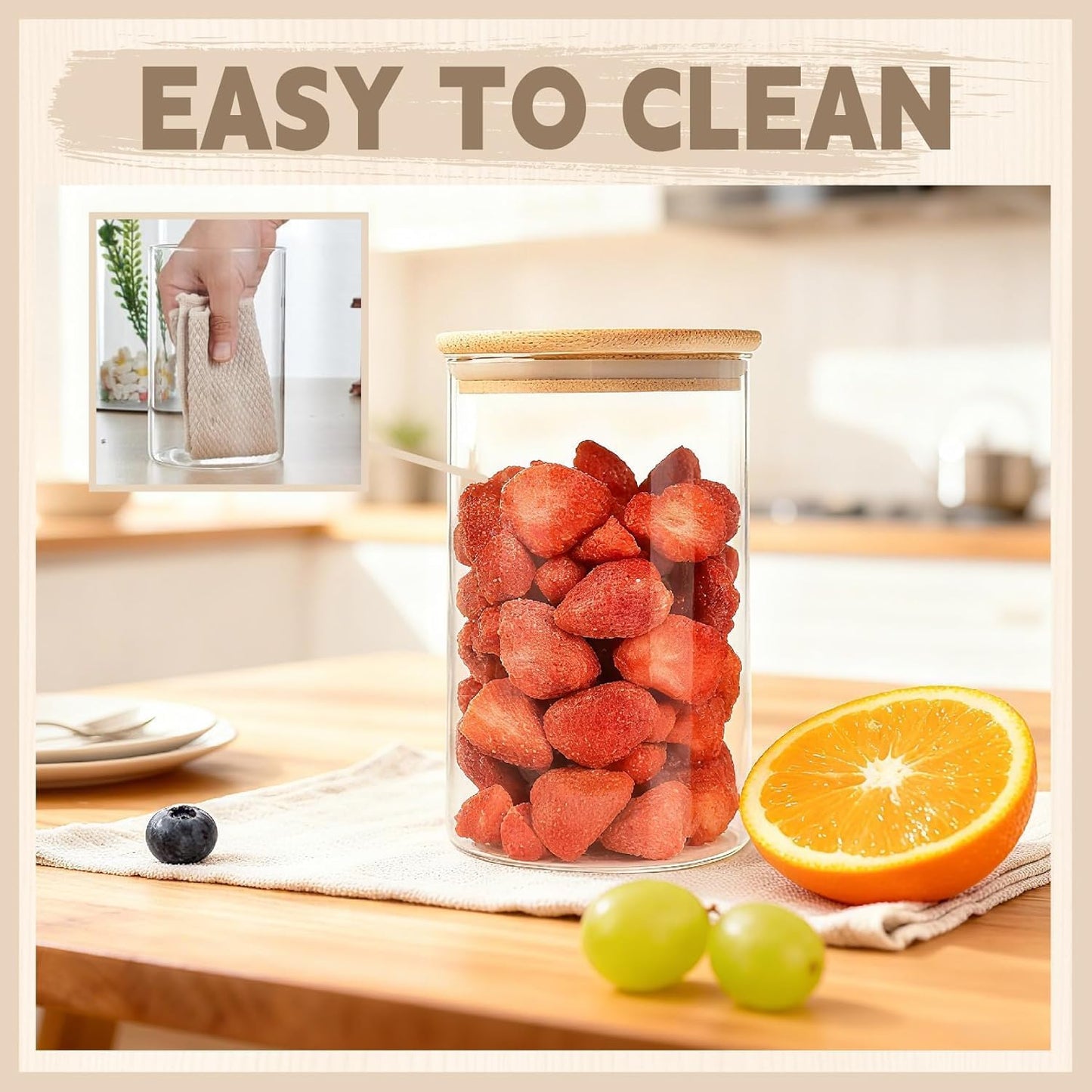 SKY-TOUCH 3PCS Glass Food Storage Jars, Kitchen Storage Glass Canister Set with Airtight Bamboo Lids, Suitable for Flour, Grains, Sugar, Tea, Coffee Beans, and Snacks, 2100ML