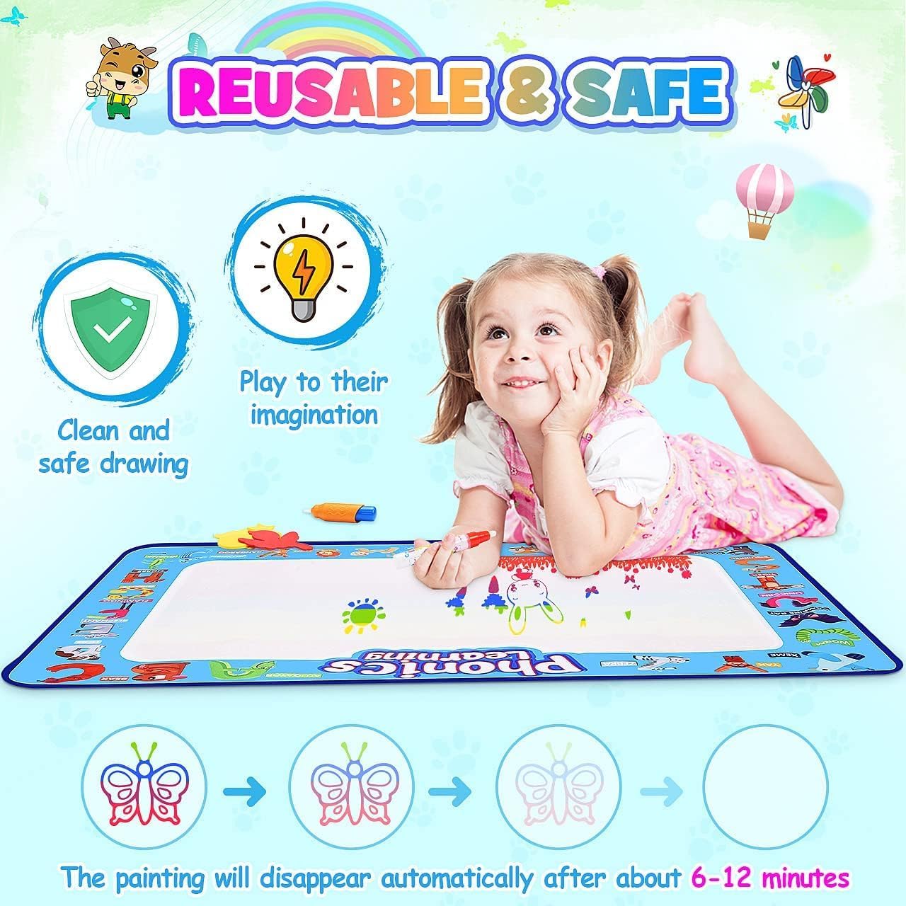 SKY-TOUCH Magic Water Doodle Mat,Extra Large Mess Free Colouring Baby Paint Mat,Aqua Water Doodle Mat,Mess Free Colouring Mat,Toddler Toys for 2 3 4 5 Year Old Boys Girls,100 * 80cm