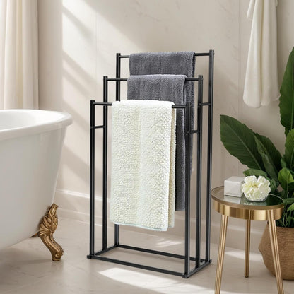 SKY-TOUCH 3 Tiers Metal Towel Rack : Freestanding Floor Towel Rack Stand Washcloths Drying Storage Display Rack for Bathroom Tub Shower Poolside (86 * 44 * 21cm Black)