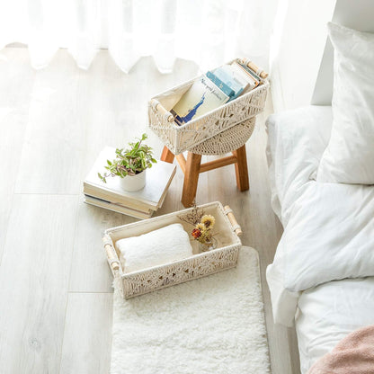 SKY-TOUCH Handwoven Macrame Storage Baskets,Woven Toilet Paper Basket with Handle for Bathroom Countertop, Storage Shelf for Bedroom, Living Room, Home (Ivory)