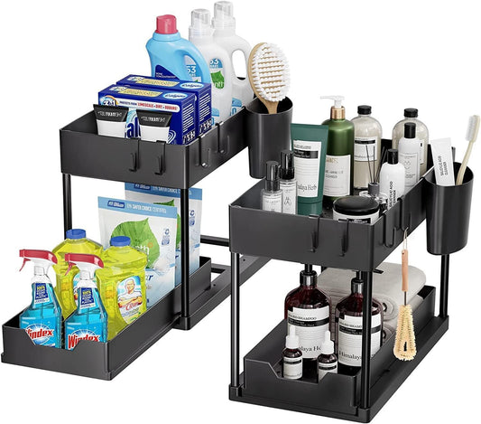 SKY-TOUCH 2pcs Storage Racks Pull-Type Double-Layer Kitchen Storage Rack,Under Sink Organizer,Double Sliding Under Bathroom Cabinet Organization, Kitchen Storage with Hooks,15.6 * 8.6 * 13.2cm,Black