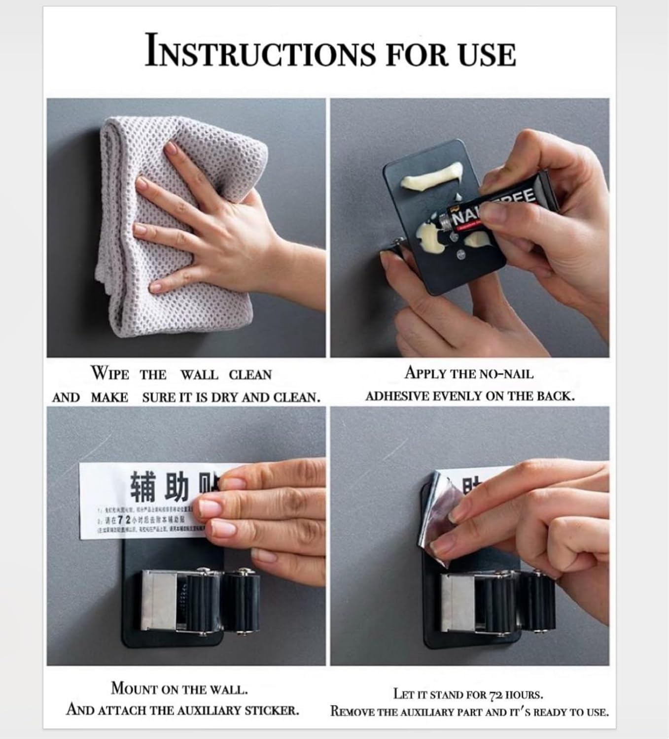 SKY-TOUCH Self Adhesive Broom Holder (Pack of 8pcs) - Heavy Duty 304 Stainless Steel Anti-Rust & Anti-Slip Mop Holder for Home - Allow The Glue To Cure for 48 Hours Before Use,Stronger Adhesion