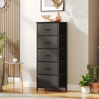 SKY-TOUCH 5 Chest of Drawers, Vertical Storage Drawers Tower Fabric Chest Dresser, Tall Organizer Dresser for Bedroom, Nursery, Closets, Sturdy Steel Frame with Wooden Top, Black