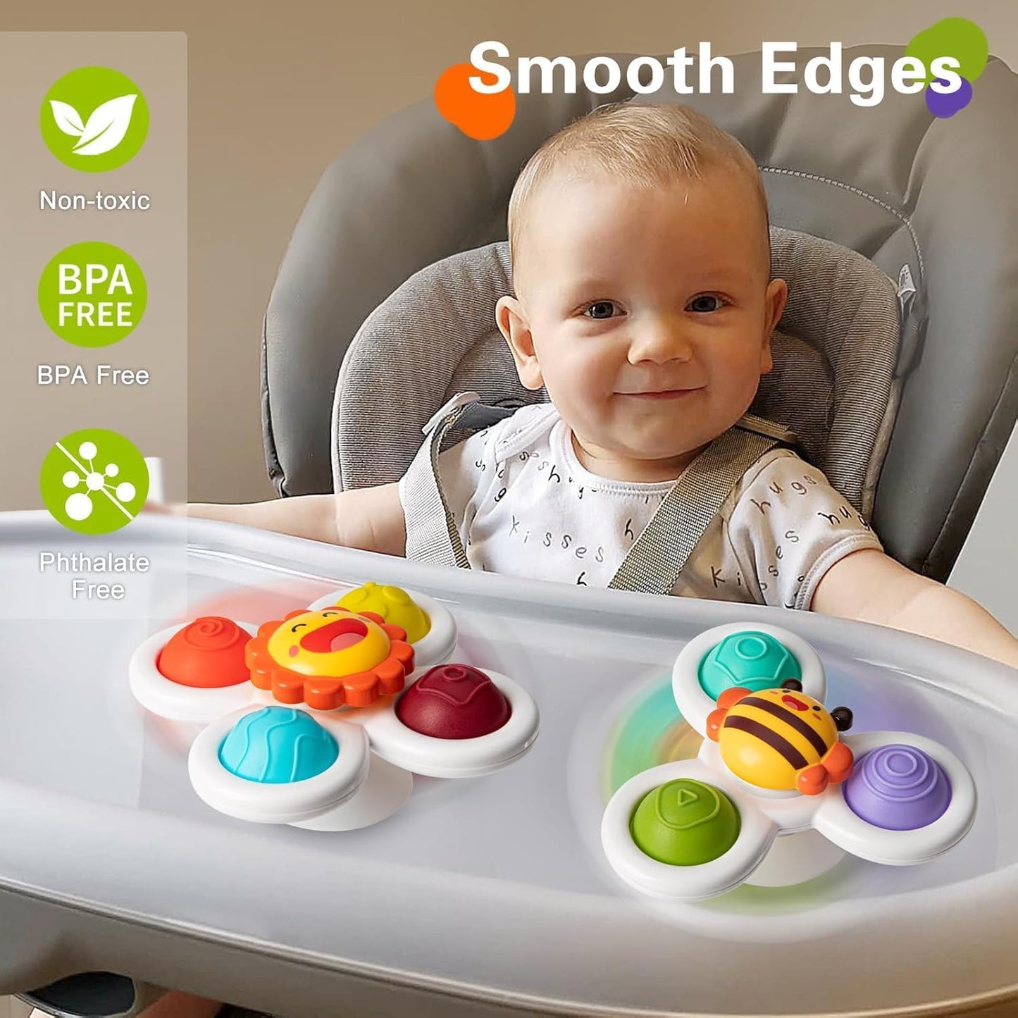 SKY-TOUCH 3PCS Suction Cup Spinner Toys for Toddlers 0-3 Years, Pressable Baby Sensory Fidget Toys, Stress Relief with Strong Suction for High Chair, Car Window, Travel, Fine Motor Skills