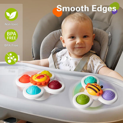 SKY-TOUCH 3PCS Suction Cup Spinner Toys for Toddlers 0-3 Years, Pressable Baby Sensory Fidget Toys, Stress Relief with Strong Suction for High Chair, Car Window, Travel, Fine Motor Skills