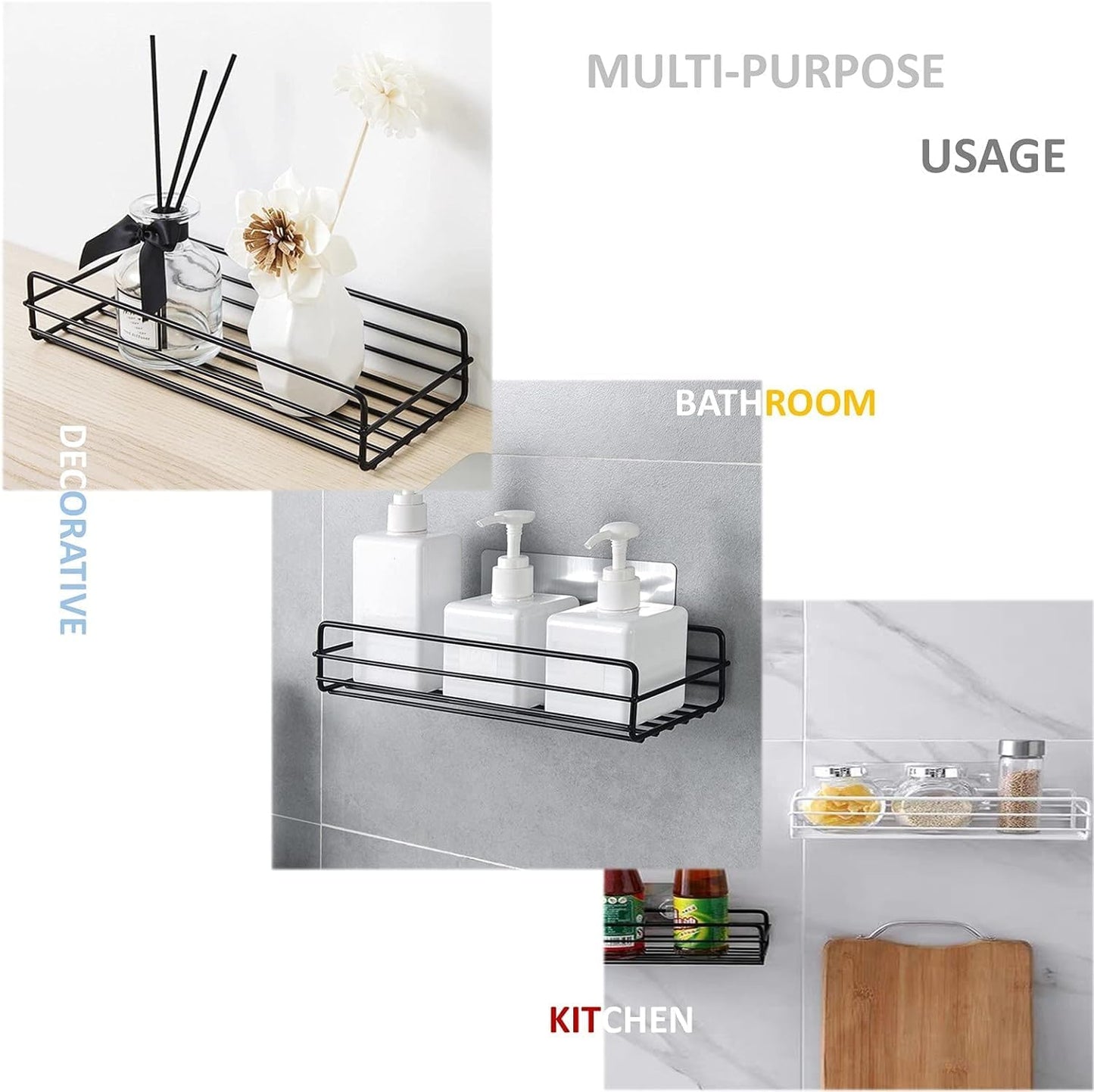 SKY-TOUCH 2pcs Shower Caddy Shelf, Bathroom Wall Shelves, Shower Caddy, Shower Shelf, Bathroom Caddies, Bathroom Shelf No Drilling, Shower Storage, Wall Mounted Bath Caddy, Self Adhesive Shelves Black