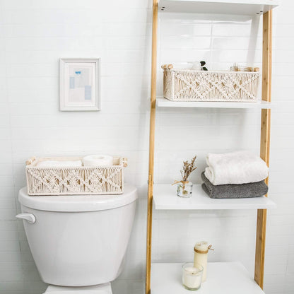 SKY-TOUCH Handwoven Macrame Storage Baskets,Woven Toilet Paper Basket with Handle for Bathroom Countertop, Storage Shelf for Bedroom, Living Room, Home (Ivory)