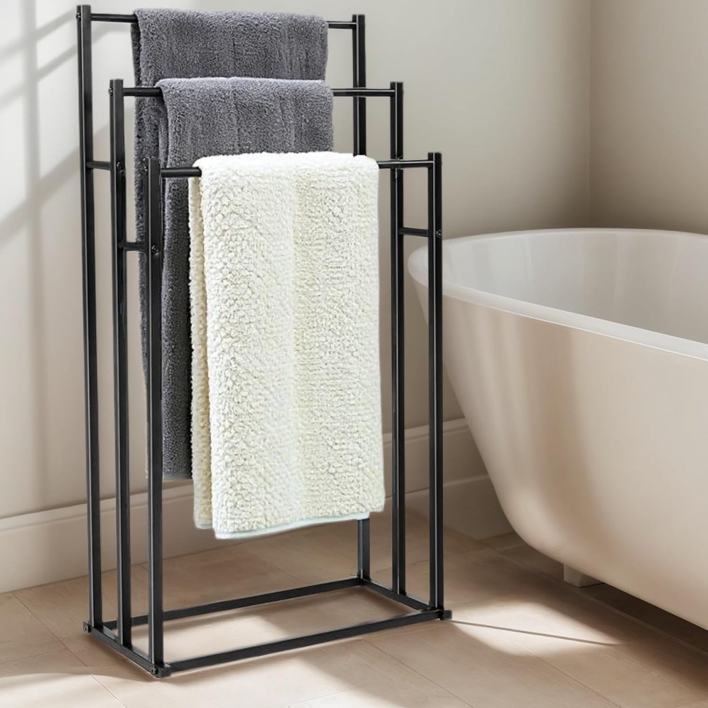 SKY-TOUCH 3 Tiers Metal Towel Rack : Freestanding Floor Towel Rack Stand Washcloths Drying Storage Display Rack for Bathroom Tub Shower Poolside (86 * 44 * 21cm Black)