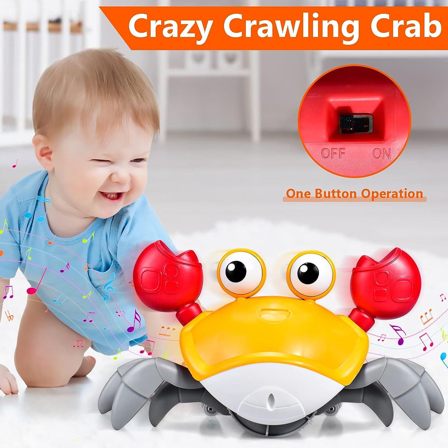 SKY-TOUCH Electric Runaway Crab، لعبة طفل السلطعون الزاحف مع الموسيقى وإضاءة LED، لعبة تطوير التعلم التفاعلية للأطفال الصغار مع تجنب العوائق تلقائيًا، للأطفال الرضع والأطفال الصغار 