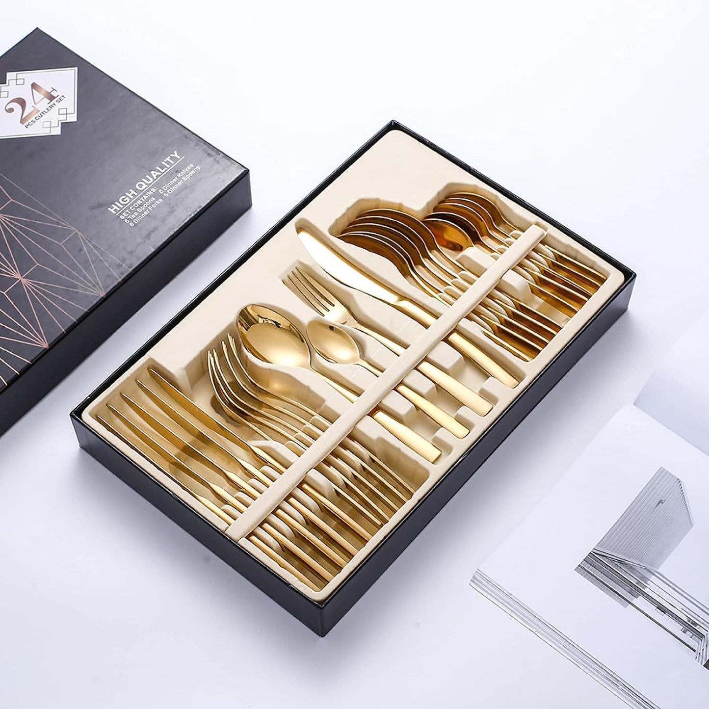 SKY-TOUCH Stainless Steel Cutlery Set 24-Piece Set of Golden Tableware Western-Style Kitchen Tableware Including Spoon, Fork, Knife, Tea Spoon (Golden)