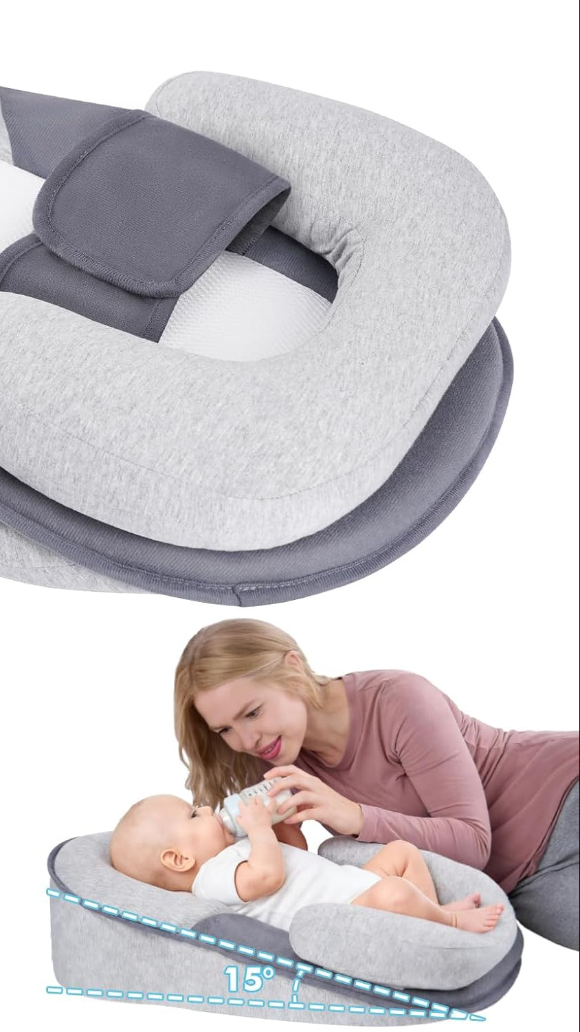 SKY-TOUCH Newborn Feeding Pillow Wedge - 15° Anti-Spit Up & Nursing Support Pillow, Baby Breastfeeding Pillow for Reflux, Soft & Breathable Grey Infant Nursing Cushion