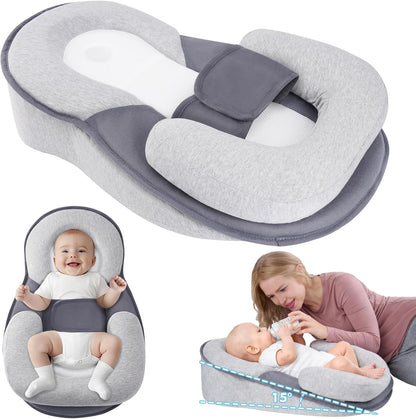 SKY-TOUCH Newborn Feeding Pillow Wedge - 15° Anti-Spit Up & Nursing Support Pillow, Baby Breastfeeding Pillow for Reflux, Soft & Breathable Grey Infant Nursing Cushion