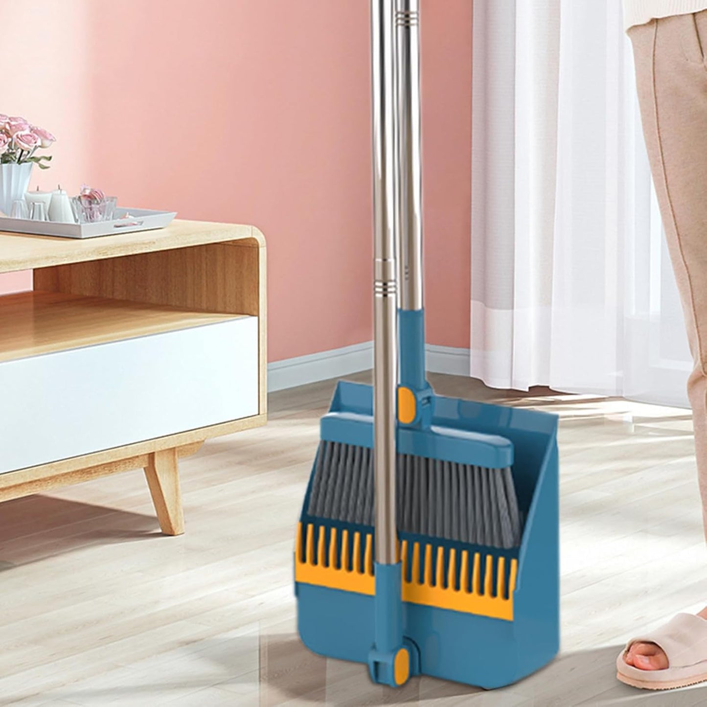 SKY-TOUCH Broom and Dustpan Set, Foldable Dustpan Upright Broom for Home, Office, Kitchen, Daliy Using, Blue