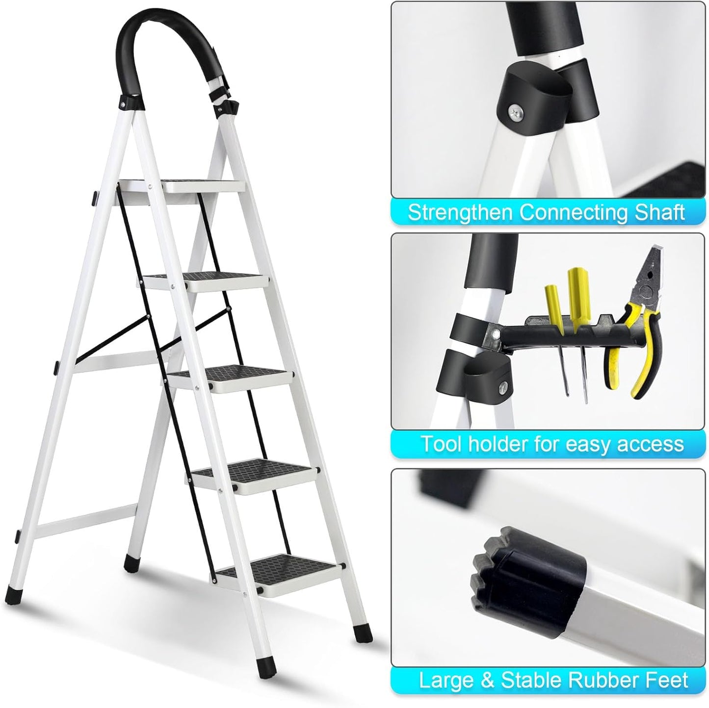 SKY-TOUCH Foldable Ladder 6 Steps, Home Ladder Folding Step Stool with Wide Anti-Slip Pedal, Adults Folding Sturdy Steel Ladder for Home,Kitchen, Garden, Office