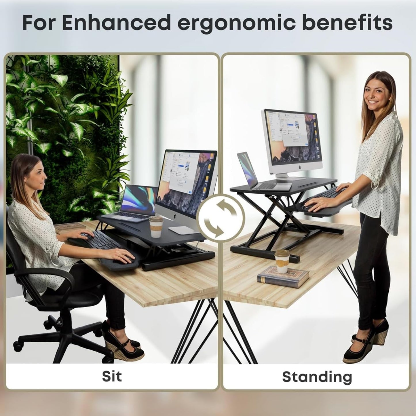 SKY-TOUCH Standing Desk Height Adjustable, 80 * 40cm Sit to Stand Desk Converter with Keyboard Tray, Ergonomic Sit to Stand Up Riser for Home Office Laptop, Black