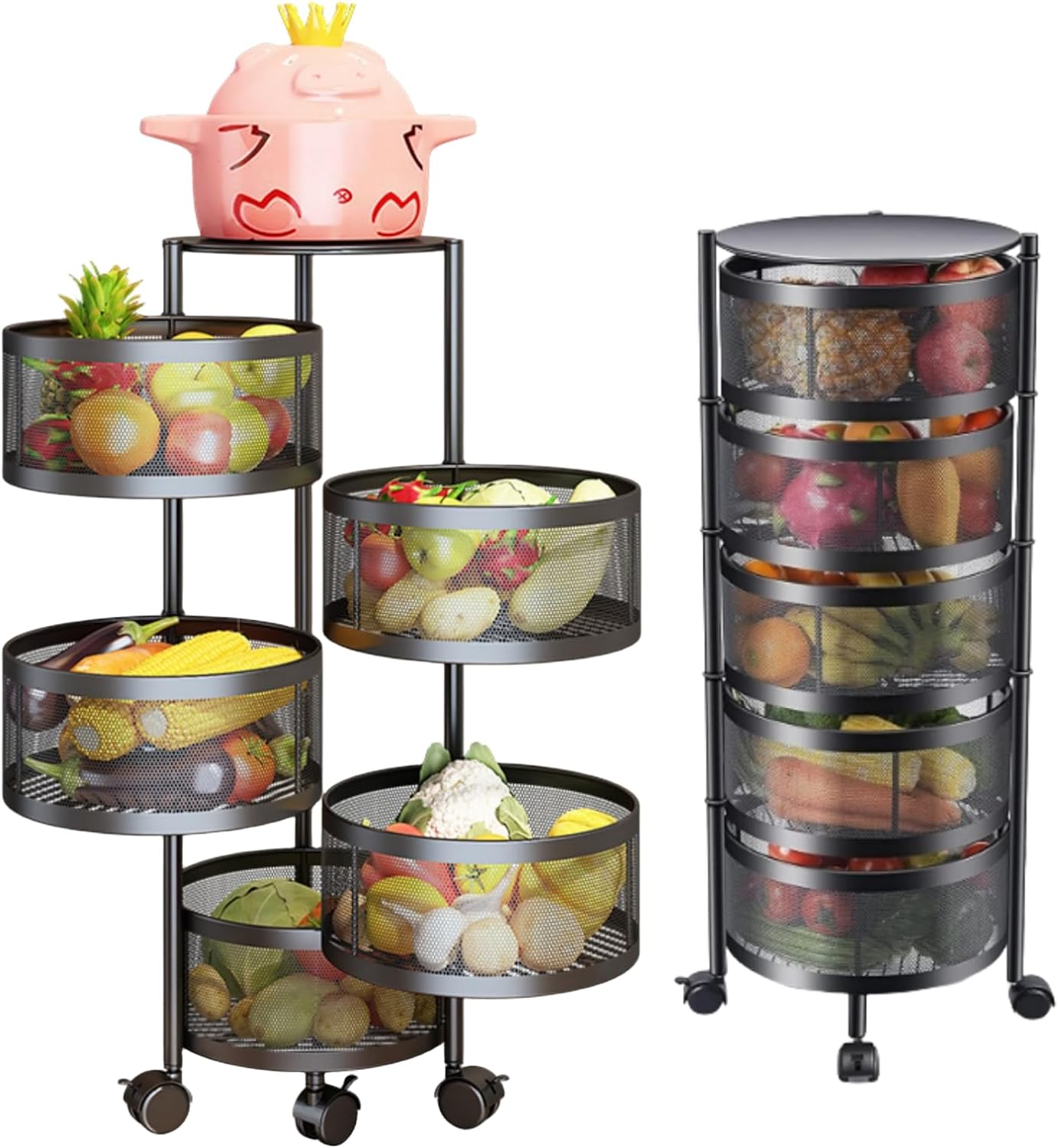 SKY-TOUCH 5 Tier Kitchen Storage Shelf, Rotatable Fruit Vegetable Basket, Circular Rotating Basket Large Storage Rack with 4 Movable Wheels