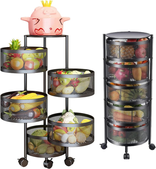 SKY-TOUCH 5 Tier Kitchen Storage Shelf, Rotatable Fruit Vegetable Basket, Circular Rotating Basket Large Storage Rack with 4 Movable Wheels