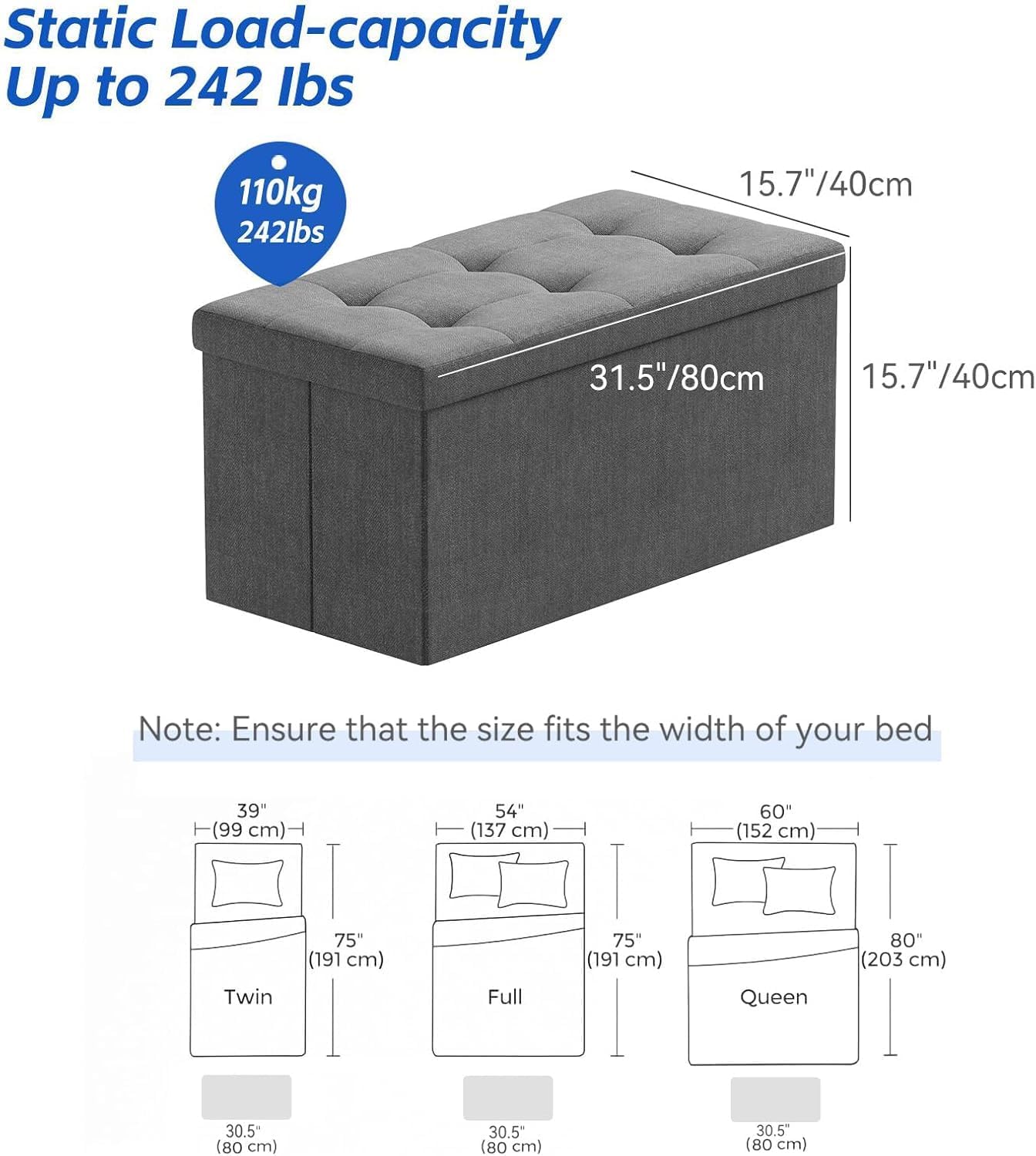 SKY-TOUCH Ottoman Seat Storage Stool, Folding Storage Ottoman Cube, Space-Saving Cube Footrest Seat for Bedroom, Hallway, Living Room,Light Grey,76 * 38 * 38cm(Capacity 150KG) 1 pack