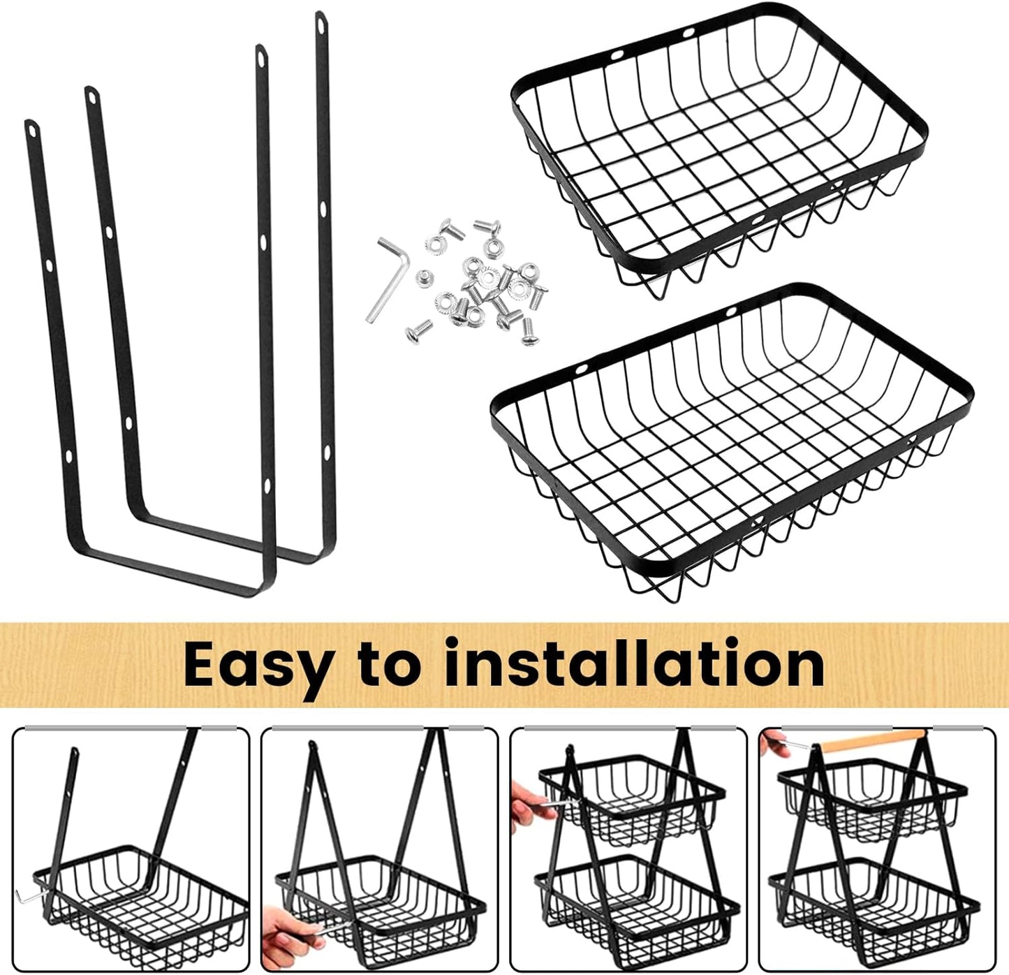 SKY-TOUCH 2-Tier Fruit Basket with Wooden Handle, Detachable Metal Fruit Bowl Holder Vegetable Storage Rack, Countertop Holder for Kitchen, Home, Office - Organize Fruits, Veggies, Snacks, Bread
