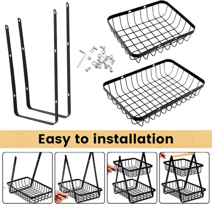 SKY-TOUCH 2-Tier Fruit Basket with Wooden Handle, Detachable Metal Fruit Bowl Holder Vegetable Storage Rack, Countertop Holder for Kitchen, Home, Office - Organize Fruits, Veggies, Snacks, Bread