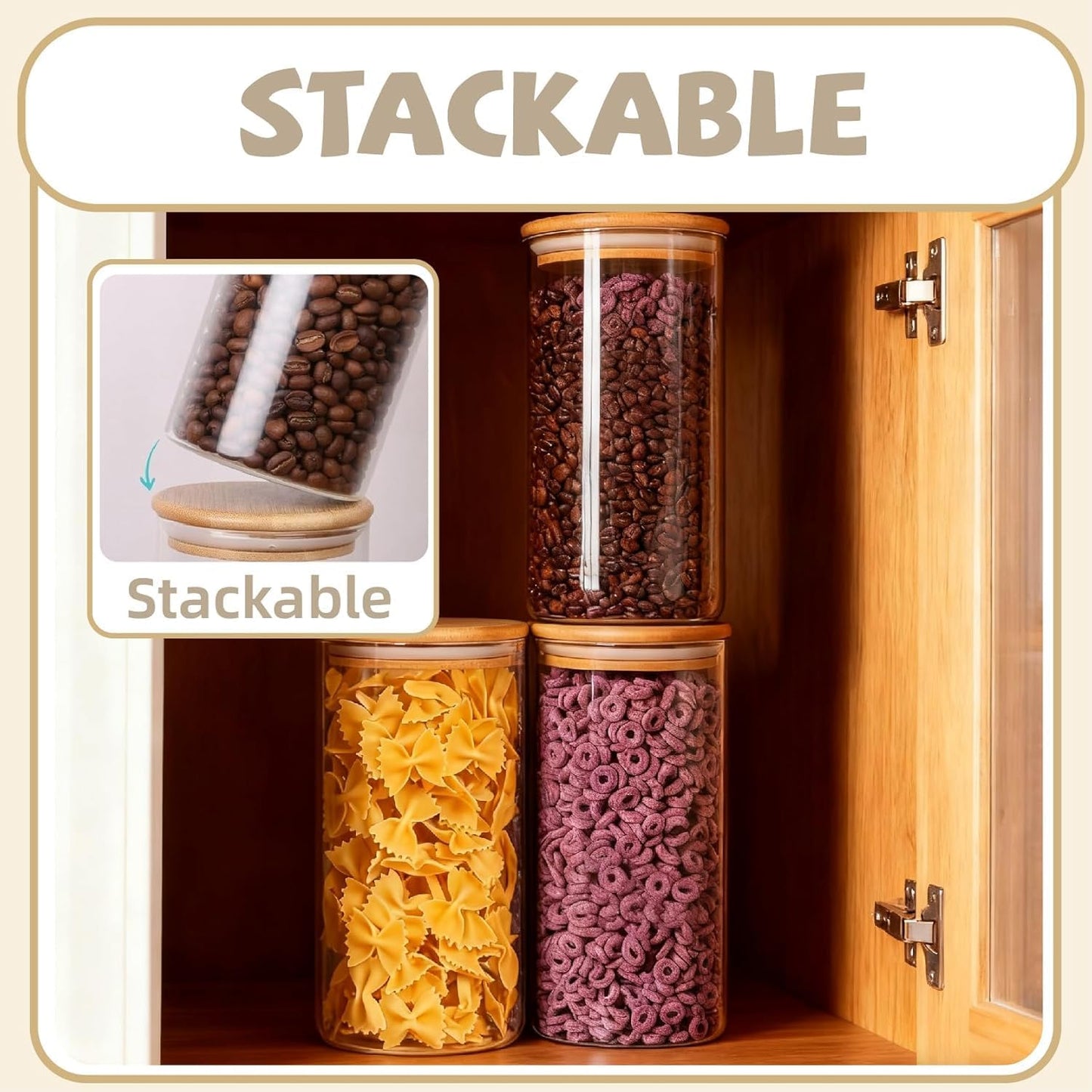SKY-TOUCH 3PCS Glass Food Storage Jars, Kitchen Storage Glass Canister Set with Airtight Bamboo Lids, Suitable for Flour, Grains, Sugar, Tea, Coffee Beans, and Snacks, 2100ML
