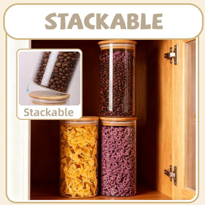 SKY-TOUCH 3PCS Glass Food Storage Jars, Kitchen Storage Glass Canister Set with Airtight Bamboo Lids, Suitable for Flour, Grains, Sugar, Tea, Coffee Beans, and Snacks, 2100ML