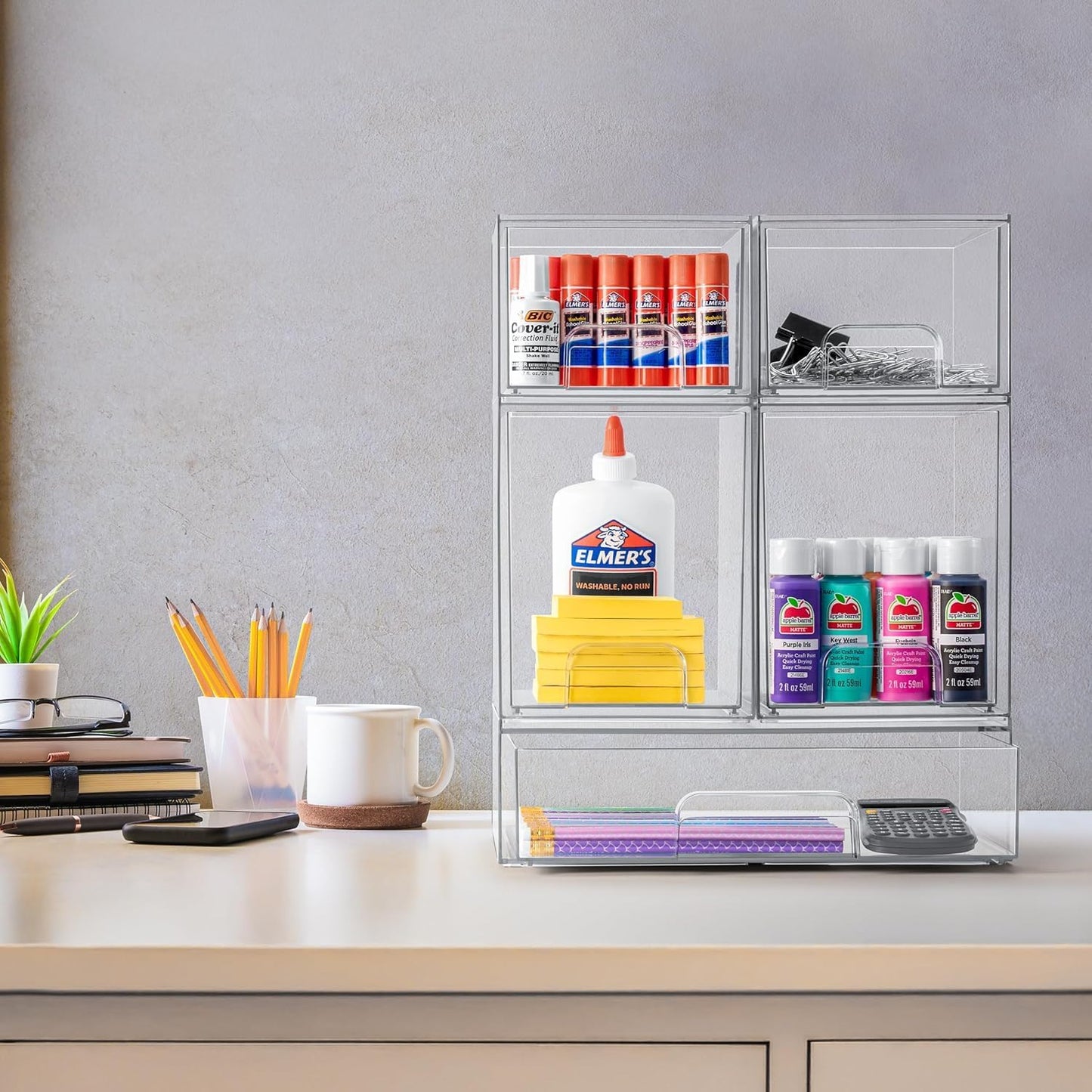 SKY-TOUCH 5 PACK Plastic Stackable Storage Drawers, Clear Acrylic Storage Drawers Container Boxes for Vanity, Undersink, Kitchen Cabinets, Pantry Organization and Storage, Wide *1 + Tall *2 + Small *2