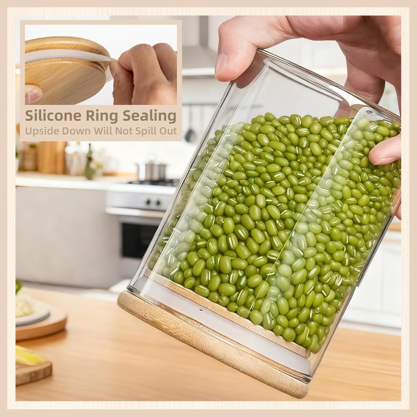 SKY-TOUCH 3PCS Glass Food Storage Jars, Kitchen Storage Glass Canister Set with Airtight Bamboo Lids, Suitable for Flour, Grains, Sugar, Tea, Coffee Beans, and Snacks, 2100ML