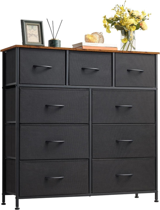 SKY-TOUCH Storage Cabinet : Bedroom Dresser with 9 Drawers Wide Storage Chest with Removable Fabric Bins Storage Organizer Unit for Living Room Entryway Hallway Nursery Kids Room (100*30*96CM Black/White)