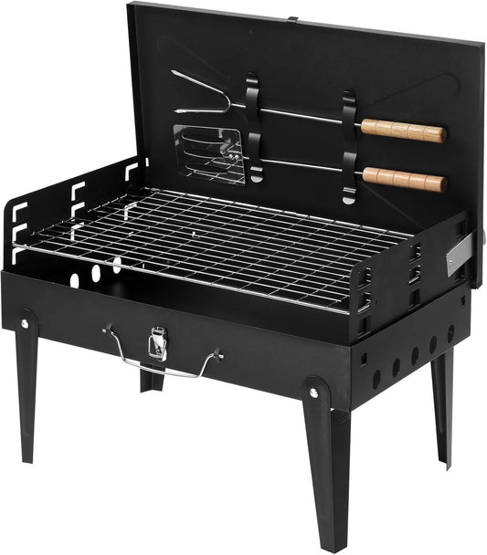 SKY-TOUCH Portable Charcoal Grill, Outdoor Foldable BBQ Grill with Barbecue Accessories & Lid for Cooking Camping Picnic Hiking Beach Party Patio Smokers, Black, 43x26x46cm