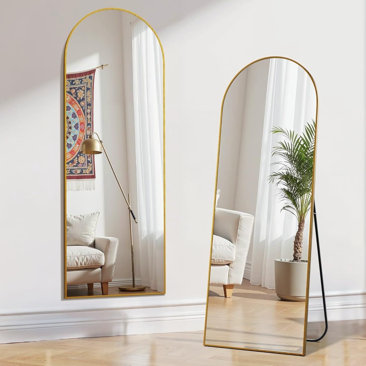 SKY-TOUCH Arched Full Length Mirror 160x40cm, Floor Mirrors Free-Standing Leaning Large Bedroom Dressing Mirror, Wall-Mounted Mirror for Living Room,Bedroom, Gold