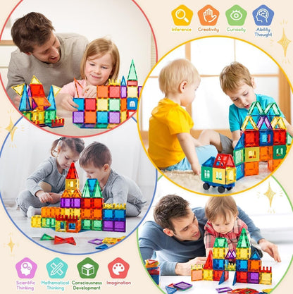 SKY-TOUCH 100pcs Magnetic Tiles Set - 3D Magnetic Building Blocks, Educational Construction Magnet Toys for Kids–Inspirational Creative STEM Learning Gifts for Toddler Car Base + Storage Box,Age 3-15