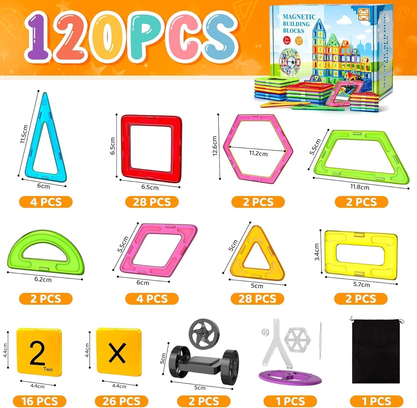 SKY-TOUCH 120 PCS Magnetic Building Blocks Set, Construction Magnetic Building Blocks Magnetic Toy Magnets Children Magnetic Game for Gift from 3+ Years Boys Girls, Educational Gift