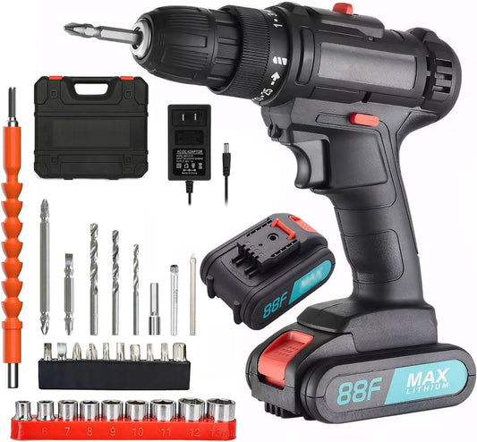 SKY-TOUCH 21V Cordless Drill Set with 2 Batteries, Charger, 28 Accessories and Storage Case, Electric Power Drill Kit with 2 Variable Speed, 25+1 Torque Settings, Forward/Reverse Control, LED Light